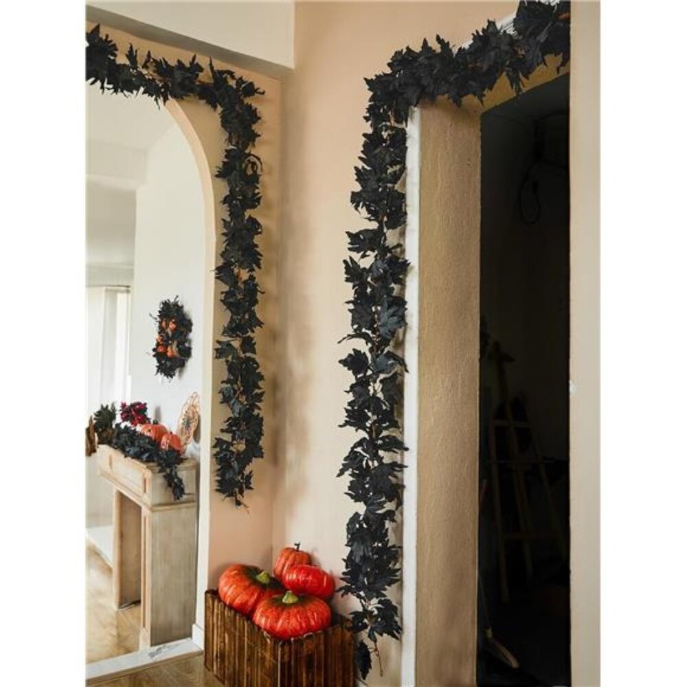 PARTY JOY Black Artificial Maple Leaf Garland - 6PCS 5.6Ft Halloween Decor, - Picture 6 of 8
